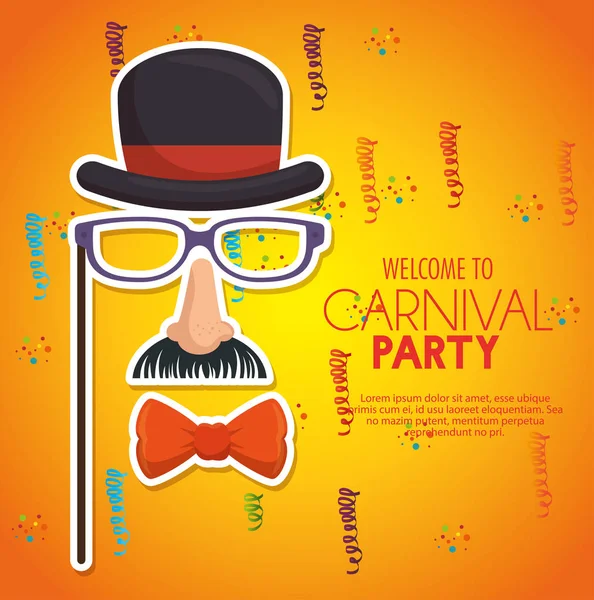Bienvenue carnaval fête gentleman masque confettis fond jaune — Image vectorielle
