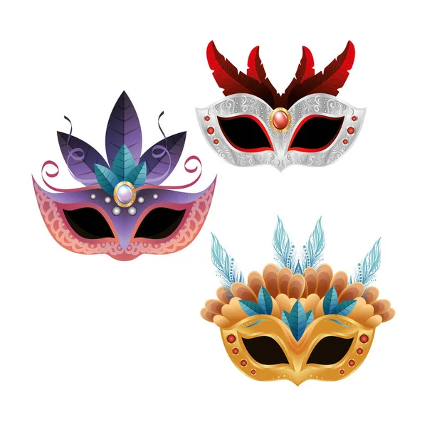 Установить красивые маски карнавал яркие перья дизайн — стоковый вектор