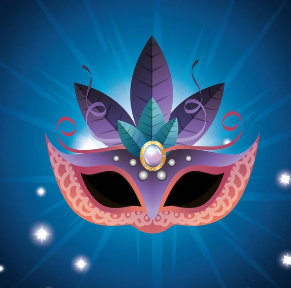 Kvinnliga carnival mask blå och lila fjädrar ljusa — Stock vektor