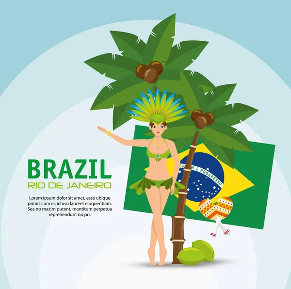 Affiche brésilien rio de janeiro drapeau garota cocotier — Image vectorielle