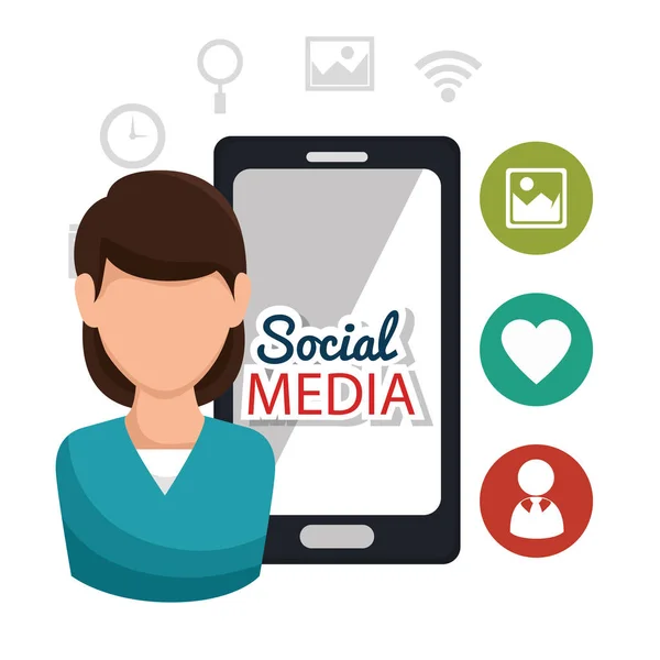 Personagem menina smartphone mídia social digital — Vetor de Stock