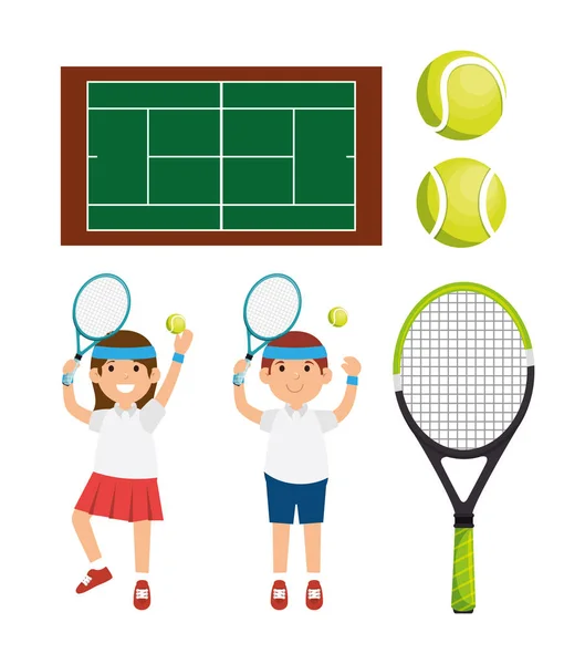 Tenis oyuncu karakter raket topları mahkeme — Stok Vektör