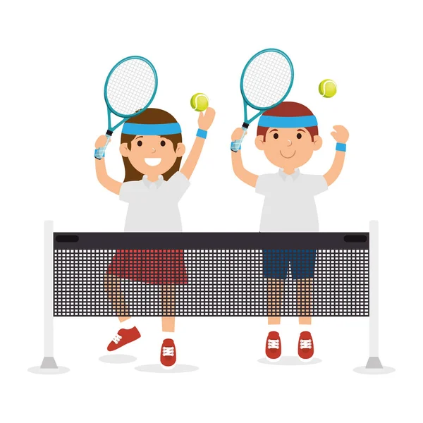 Flicka och pojke spelare tennis hoppa med rscket boll — Stock vektor