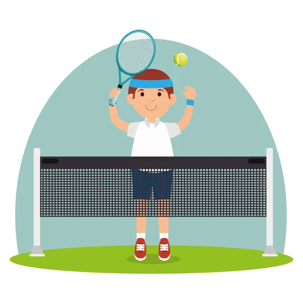 Jogador cara raquete quadra de tênis — Vetor de Stock