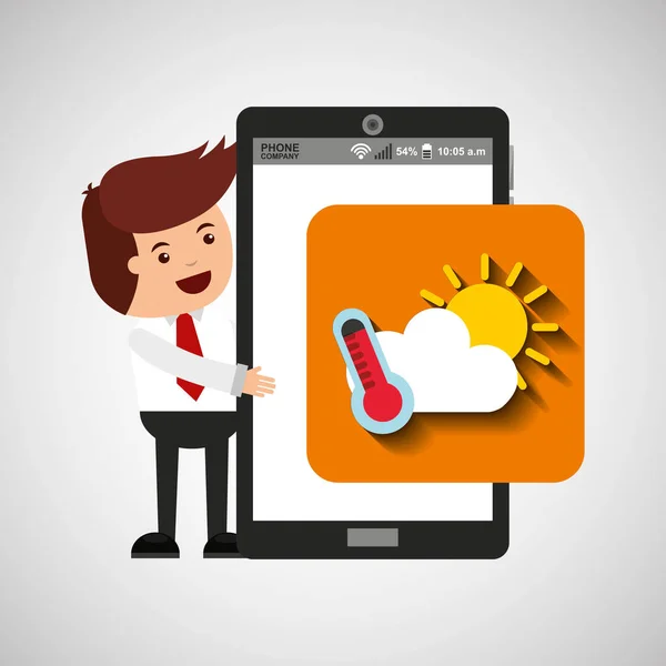 Character with mobile app weather forecast — Stock Vector