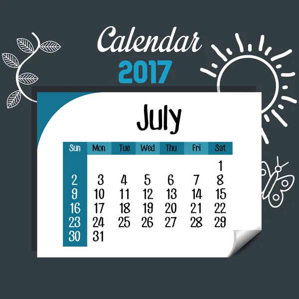 Calendario luglio 2017 modello icona — Vettoriale Stock