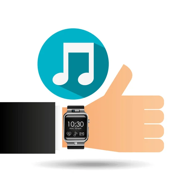 Smart watch on hand- music note — Stock Vector