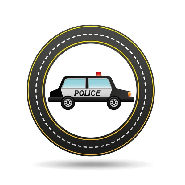 Policía coche lado círculo camino camino diseño — Vector de stock