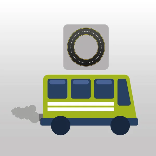 green bus with smoke circle road way design