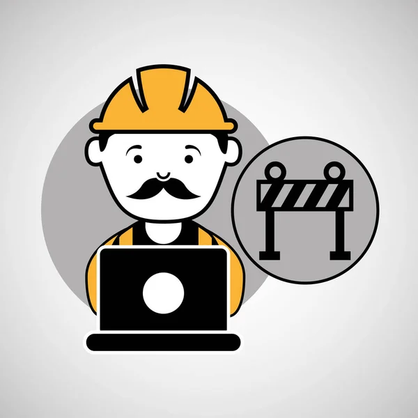 Under construction laptop worker barrier — Stock Vector