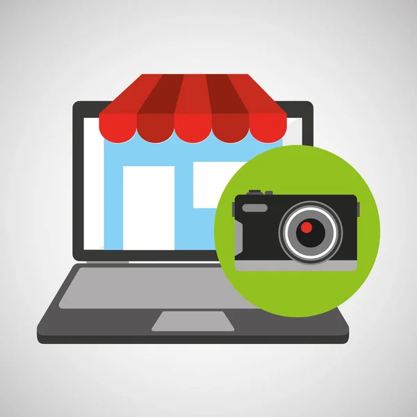 Online-Shop Shopping fotografische Kamera-Grafik — Stockvektor