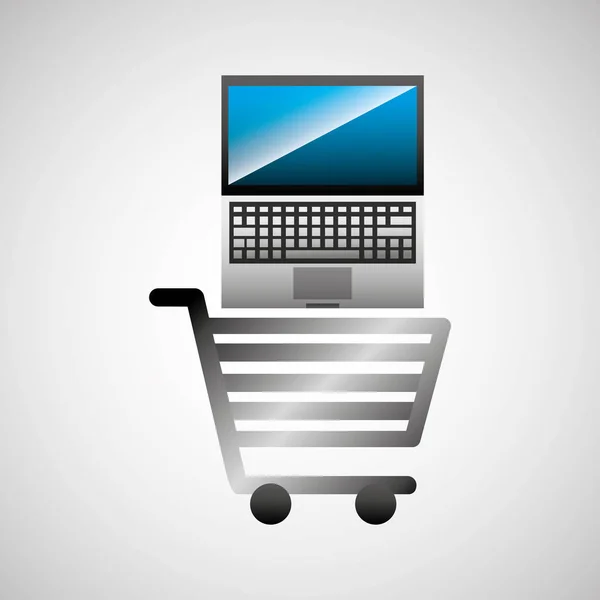 Błyszczący zakupy koszyka laptop online commerce — Wektor stockowy
