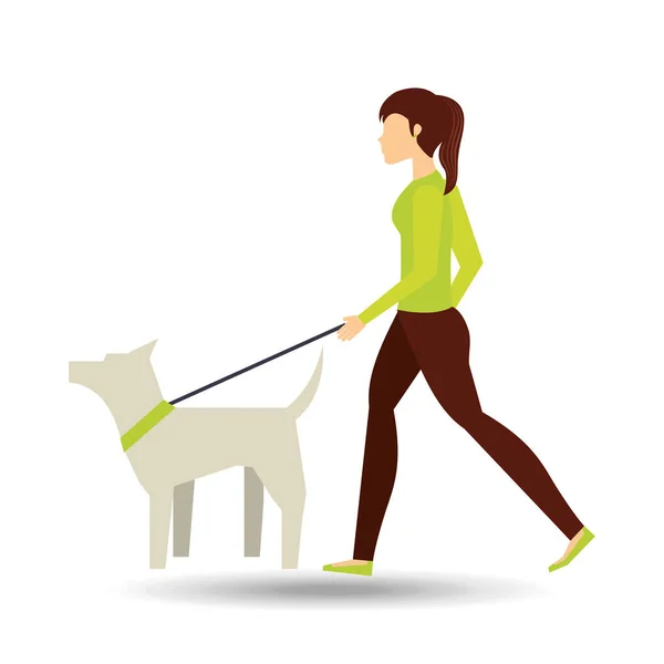 Девушка выгуливает белого пса — стоковый вектор