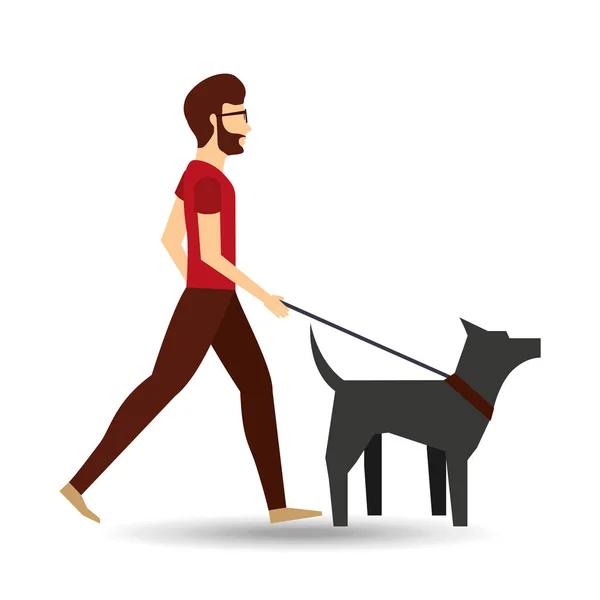 Hombre barbudo caminando un perro gris — Vector de stock