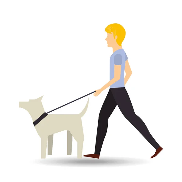 男人走一只白狗 — 图库矢量图片