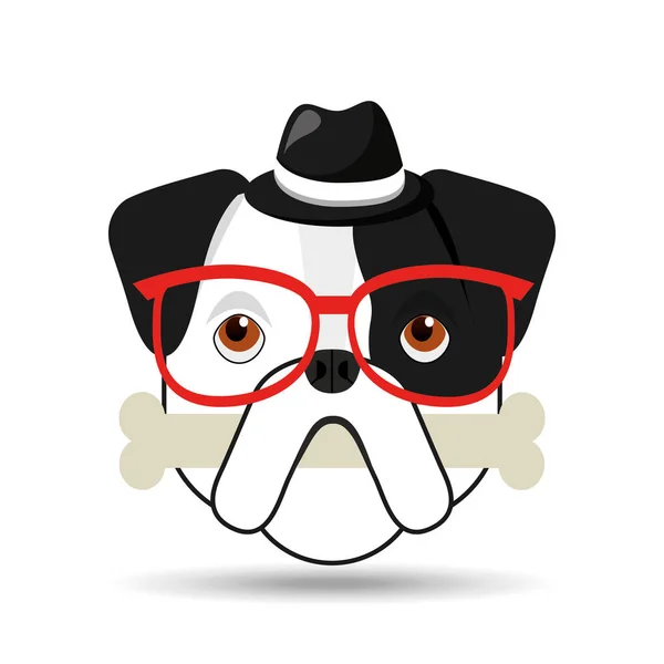 Hipster ansikte bulldog med ben och glasögon hatt — Stock vektor