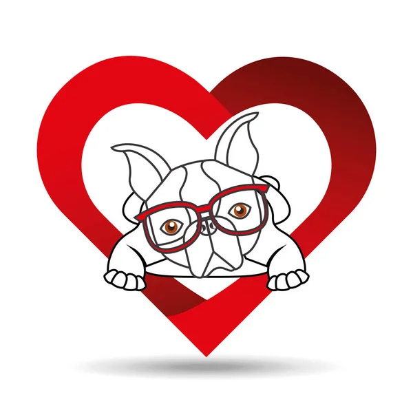 Hand draw cute dog pet with glasses heart background — Stock Vector