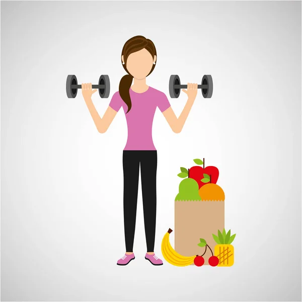 Женщина гантель упражнения здоровой пищевой мешок — стоковый вектор