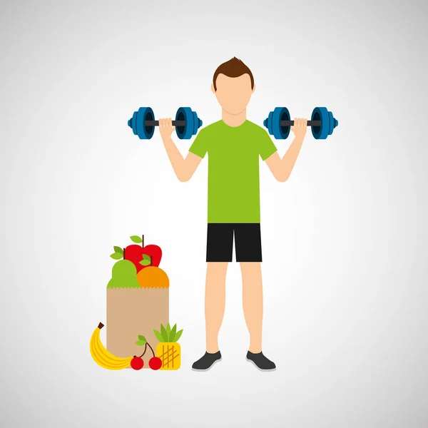 Mann Langhantelheben Ausübung Tasche gesund essen — Stockvektor