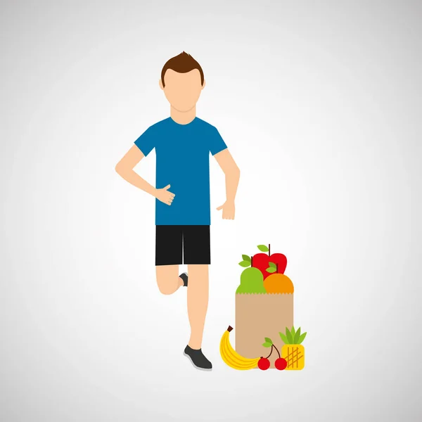 Hombre ejecutar ejercicio bolsa comida saludable — Vector de stock