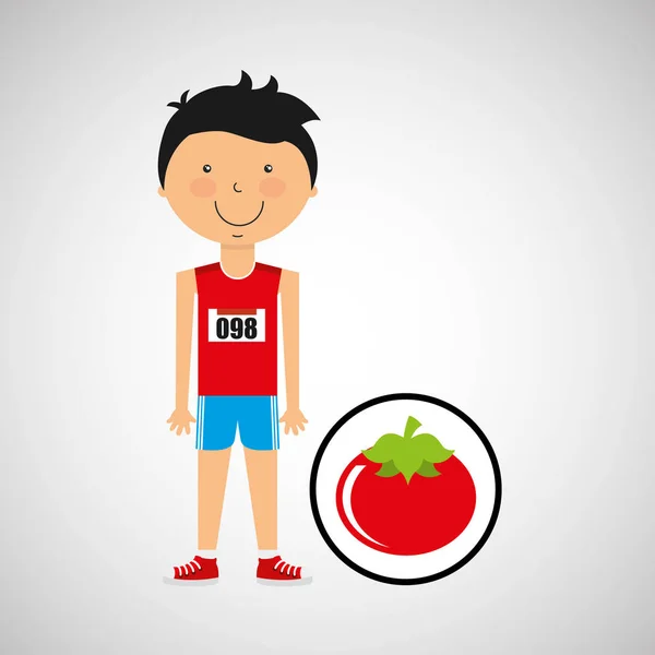 Cartoon boy athlete with tomato — Stock Vector