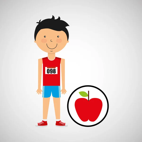 Cartoon boy athlete with flat apple — Stock Vector