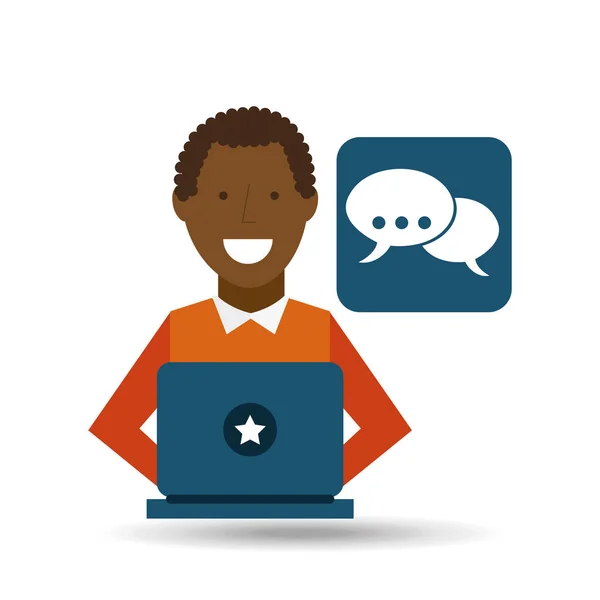Man afroamerican using laptop bubble speech media icon — Stock Vector