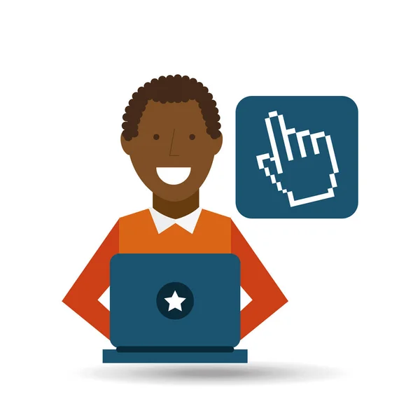 Man afroamerican using laptop cursor media icon — Stock Vector