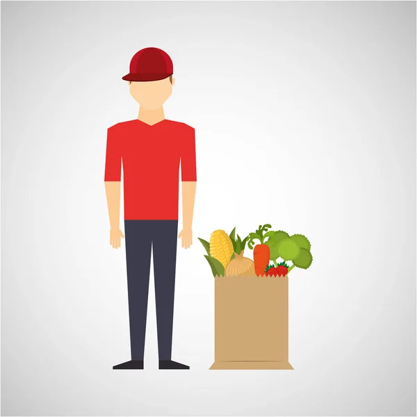 Rajzfilm ember piros sapka shop táska egészséges ételek — Stock Vector