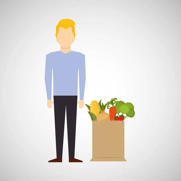 Cartoon man blond with shop bag healthy food — Stock Vector