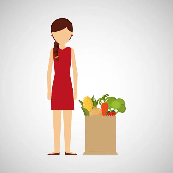 Мультяшная девушка красное платье бакалейная сумка овощи — стоковый вектор
