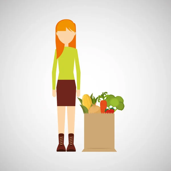 Cartoon menina loira mercearia saco legumes — Vetor de Stock