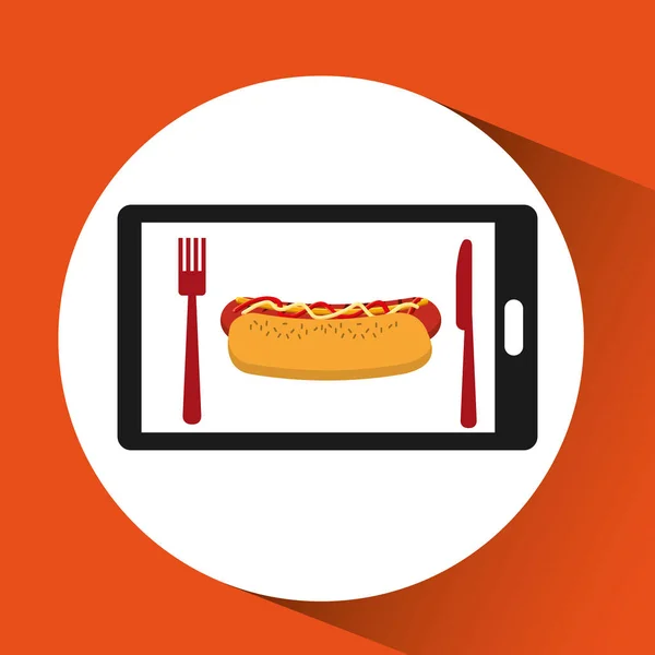 Smartphone volgorde hotdog eten online — Stockvector