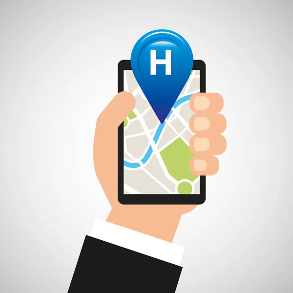 Hand holds phone navigation app hotel — Stock Vector