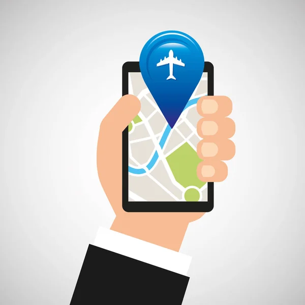 Hand holds phone navigation app airport — Stock Vector
