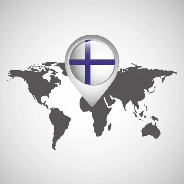 Mappa del mondo con puntatore bandiera finlandese — Vettoriale Stock