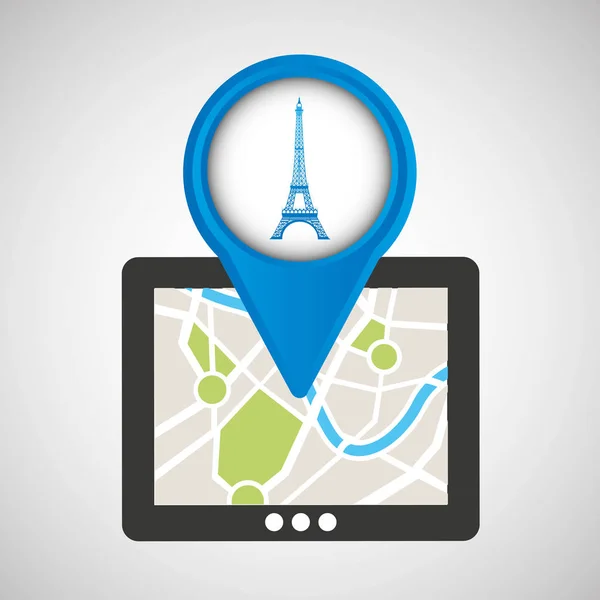Mobiel apparaat tower eiffel Frankrijk gps kaart — Stockvector