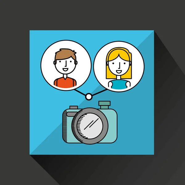 Menino e menina desenhar câmera de mídia social — Vetor de Stock