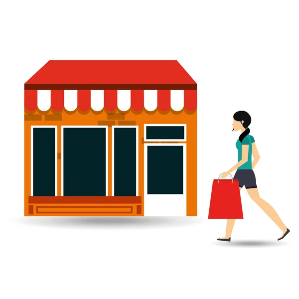 Mujer caminando bolsa de compras tienda — Archivo Imágenes Vectoriales