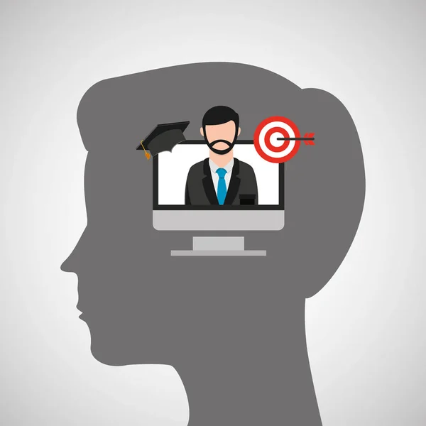 Silhouette tête garçon ordinateur portable tag éducation en ligne — Image vectorielle