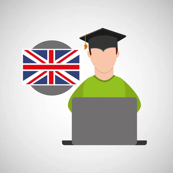 Carácter graduación educación en línea bandera england — Vector de stock