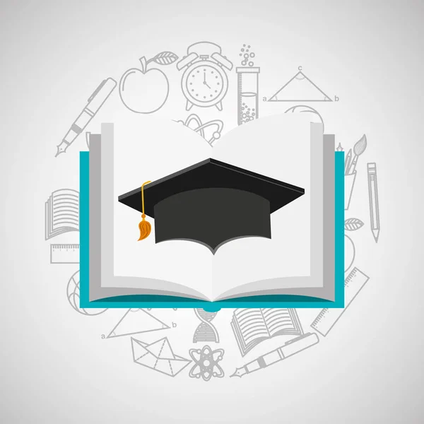 Eduation online concept book and graduation cap school background — Stock Vector