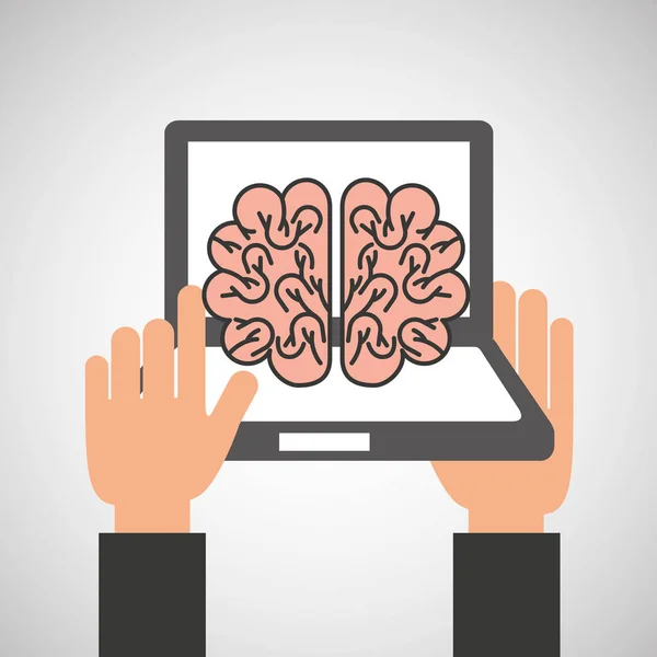 Manos sostiene portátil-cerebro educación en línea — Vector de stock