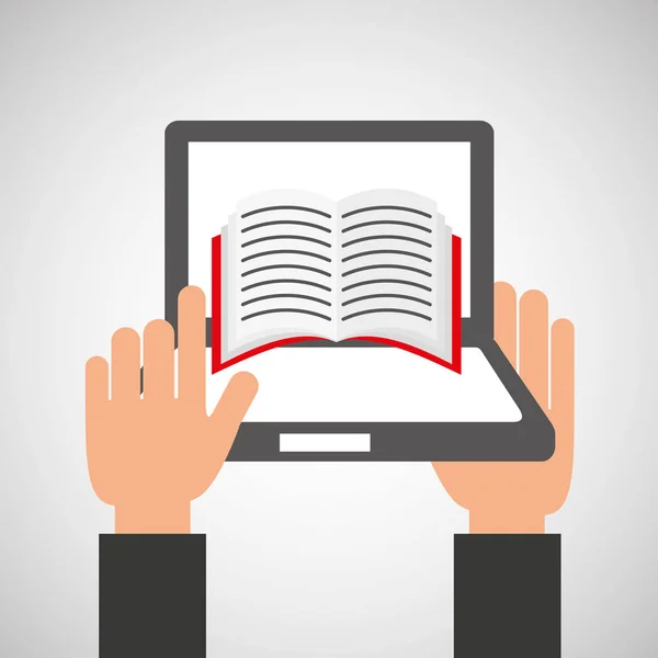 Χέρια κρατά το laptop-βιβλίο σε απευθείας σύνδεση εκπαίδευση — Διανυσματικό Αρχείο