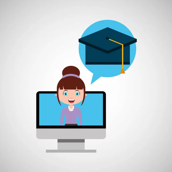 Topi kelulusan gadis desain online pendidikan - Stok Vektor