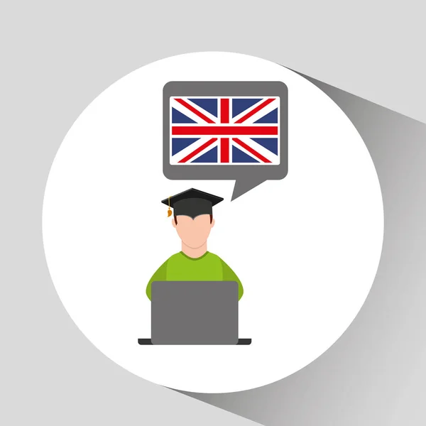 Carácter graduación educación en línea bandera england — Vector de stock