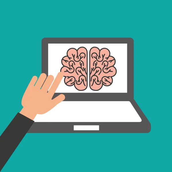 Ręce trzyma laptopa mózg edukacji online — Wektor stockowy