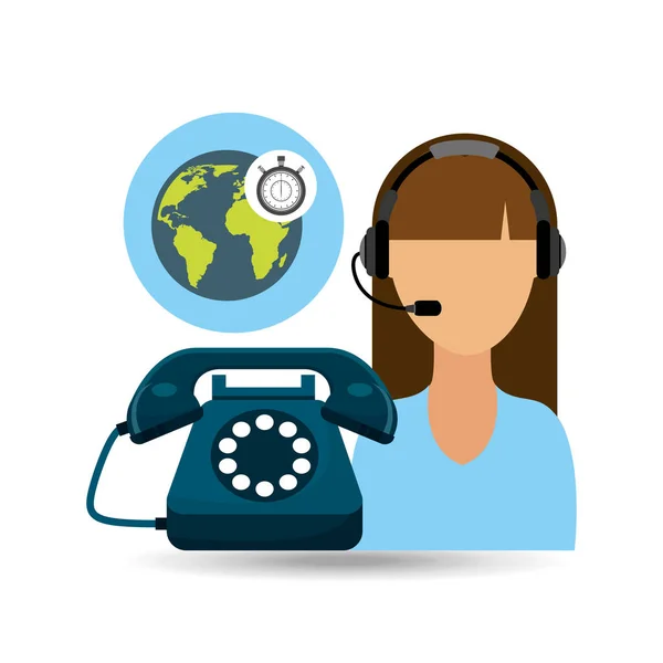 Call center mulher trabalhando relógio globo — Vetor de Stock