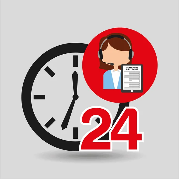 Centro de llamadas femenino 24 reclamaciones de servicio de reloj — Archivo Imágenes Vectoriales