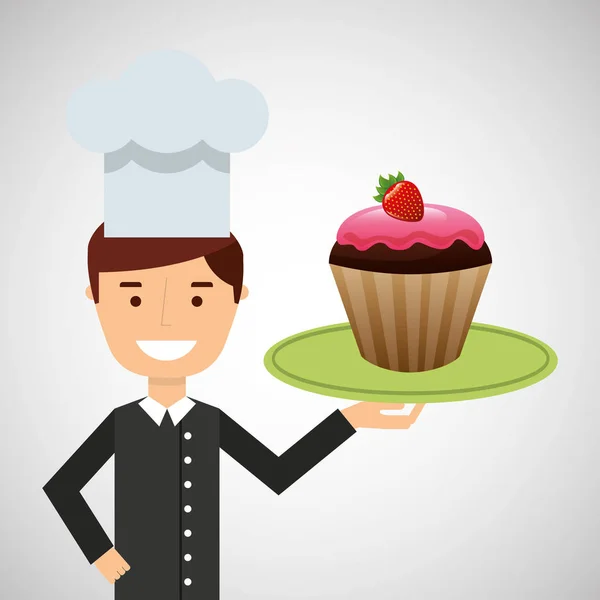Cartoon chef dessert tasty cupcake chocolate strawberry — Stock Vector